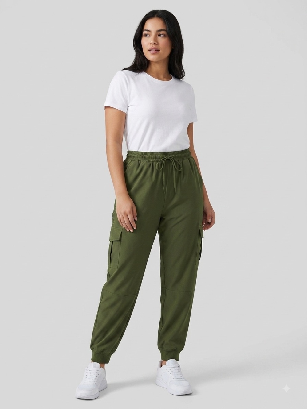 XXL Olive Green High-Waisted Cargo Jogger Pants – Elastic Waist & Drawstring